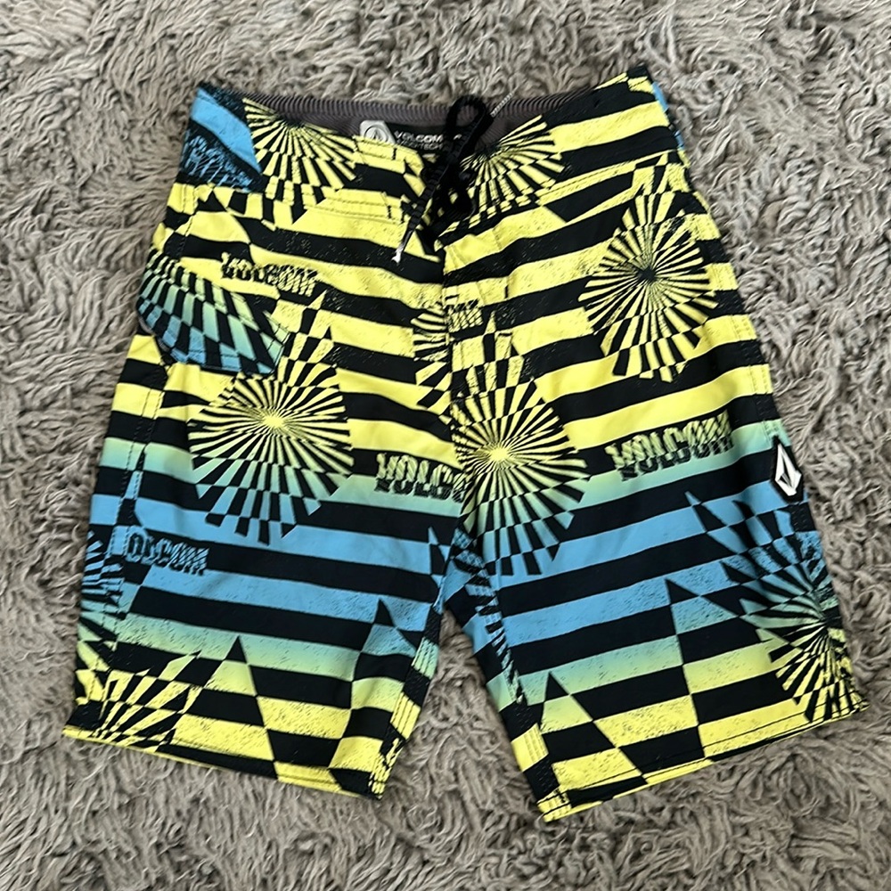 Volcom Boys Black Yellow Blue Striped Swim Trunks